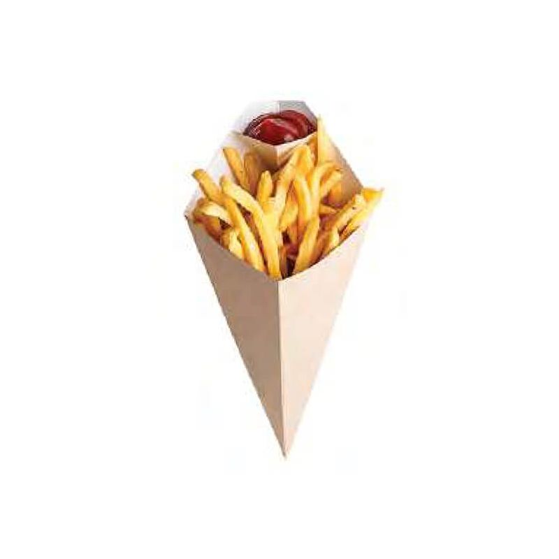 Cono cartoncino eco per fritti con porta salsa 13,5 x 22,5 cm Cono cartoncino eco per fritti con porta salsa 13,5 x 22,5 cm