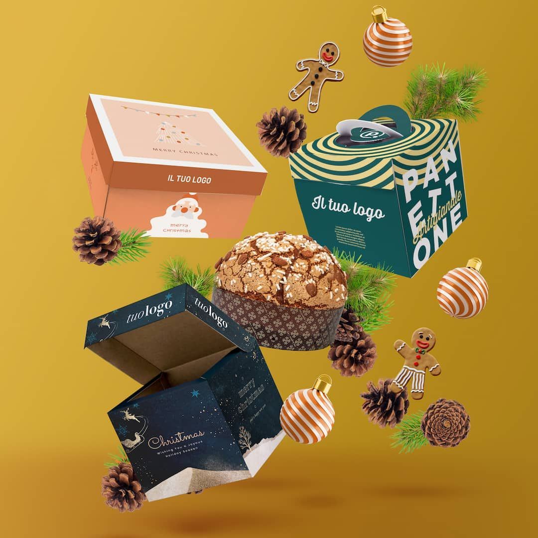 Cajas de panettone a imprimir, bandejas de esguinna, moldes y bolsas